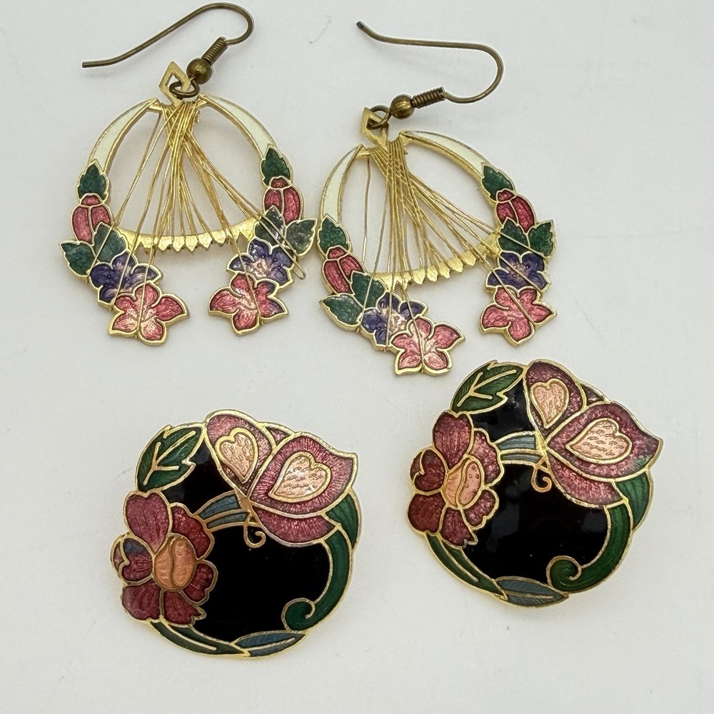 Vtg Cloisonné Earrings Enamel Floral Dangle Gold Tone Set Of 2